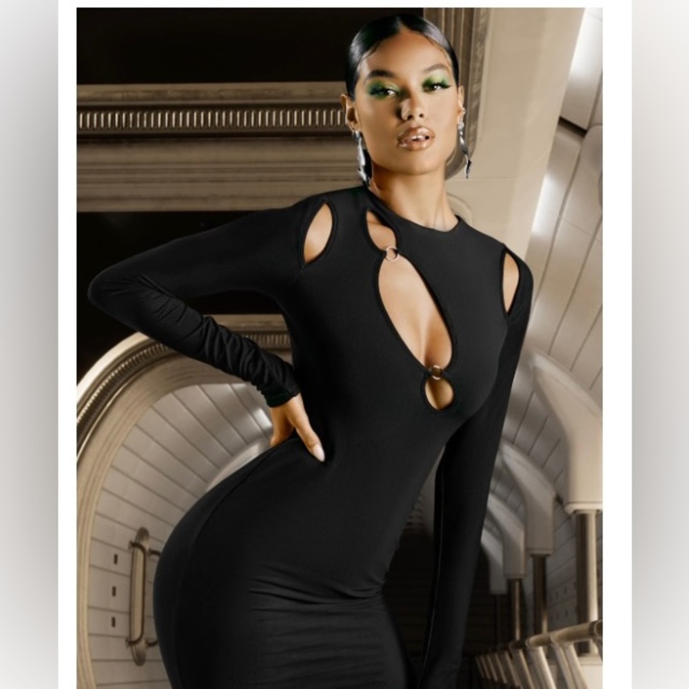 Oh Polly Cut Out Long Sleeve Mini Dress in Black